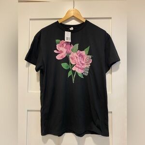 Black T-Shirt with Pink Floral Design